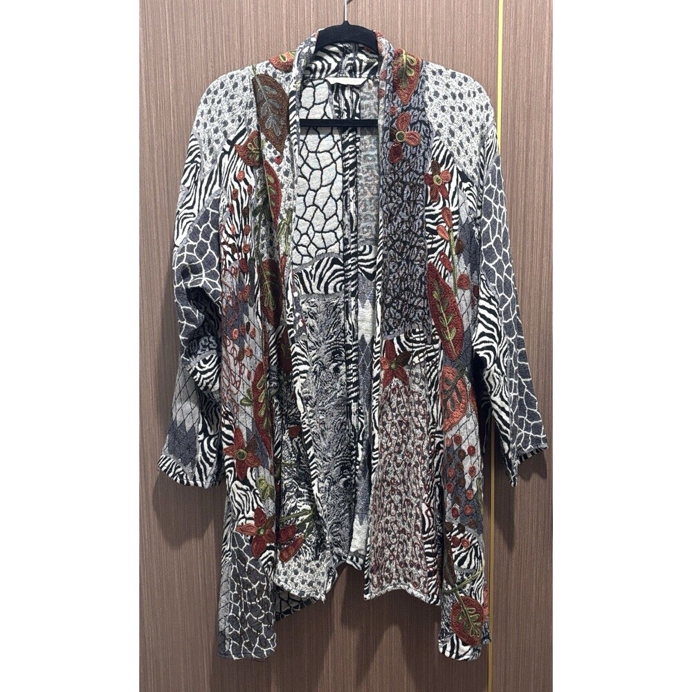 Soft Surroundings Wool Blend Embroidered Animal Print Open Cardigan XL